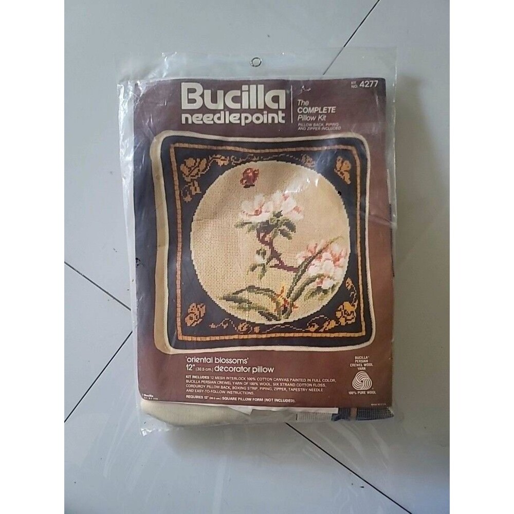 Vintage Bucilla Needlepoint Pillow Kit 'Oriental Blossoms' #4277 12" Flowers